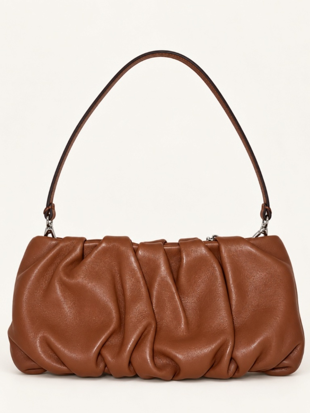 STAUD Brown Ruched Leather Shoulder Bag